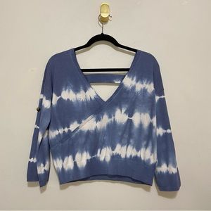 Fate NWT Blue and White Tie Dye V-Neck Button Roll Sleeve Top